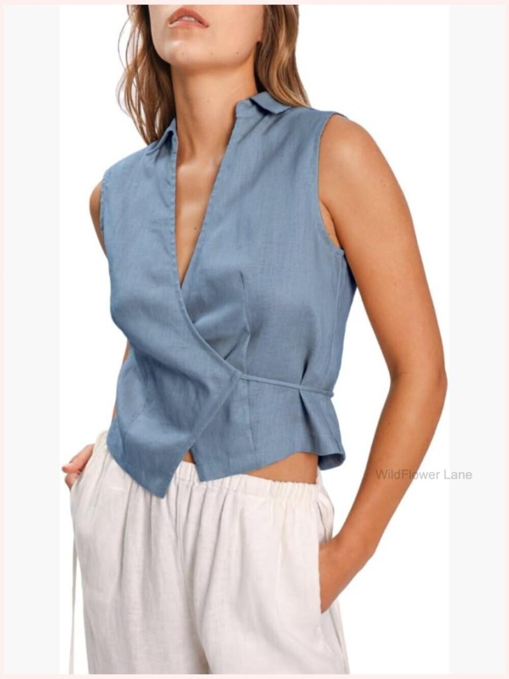 100% Linen Sleeveless V Neck Self Tie Wrap Crop Top Blouse